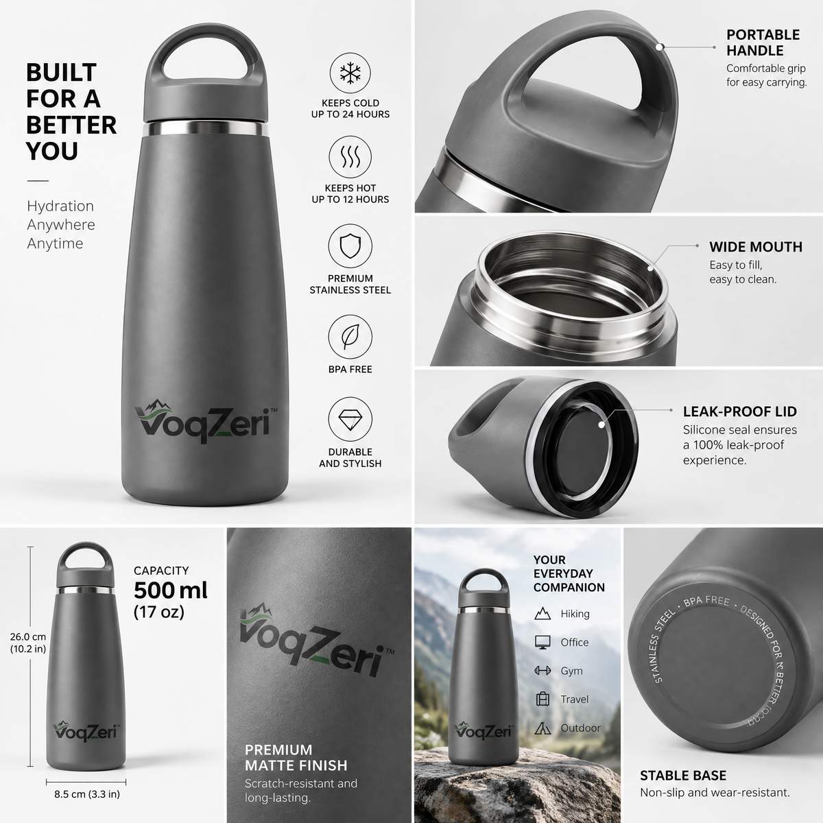 VoqZeri™ Double-Wall Vacuum Insulated Stainless Steel Water Bottle with Integrated Loop Cap – Matte Charcoal
