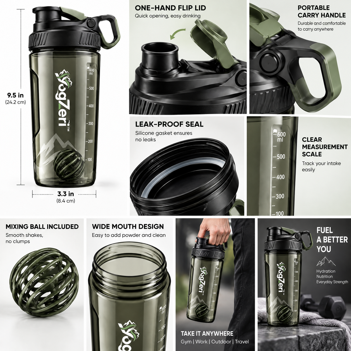 VoqZeri™ 24 oz Protein Shaker Bottle with Whisk Ball – Leakproof Gym Water Bottle with Measurement Markings &amp; Carry Loop (Smoke Green)