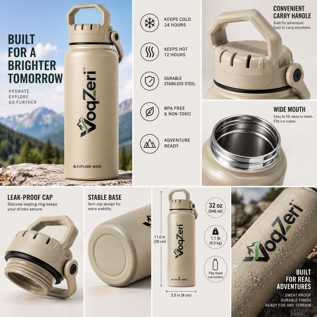 VoqZeri™ Insulated Stainless Steel Water Bottle with Heavy-Duty Carry Handle Lid – Double-Wall Vacuum Thermal Sports Flask for Hiking, Gym &amp; Travel (Desert Sand)