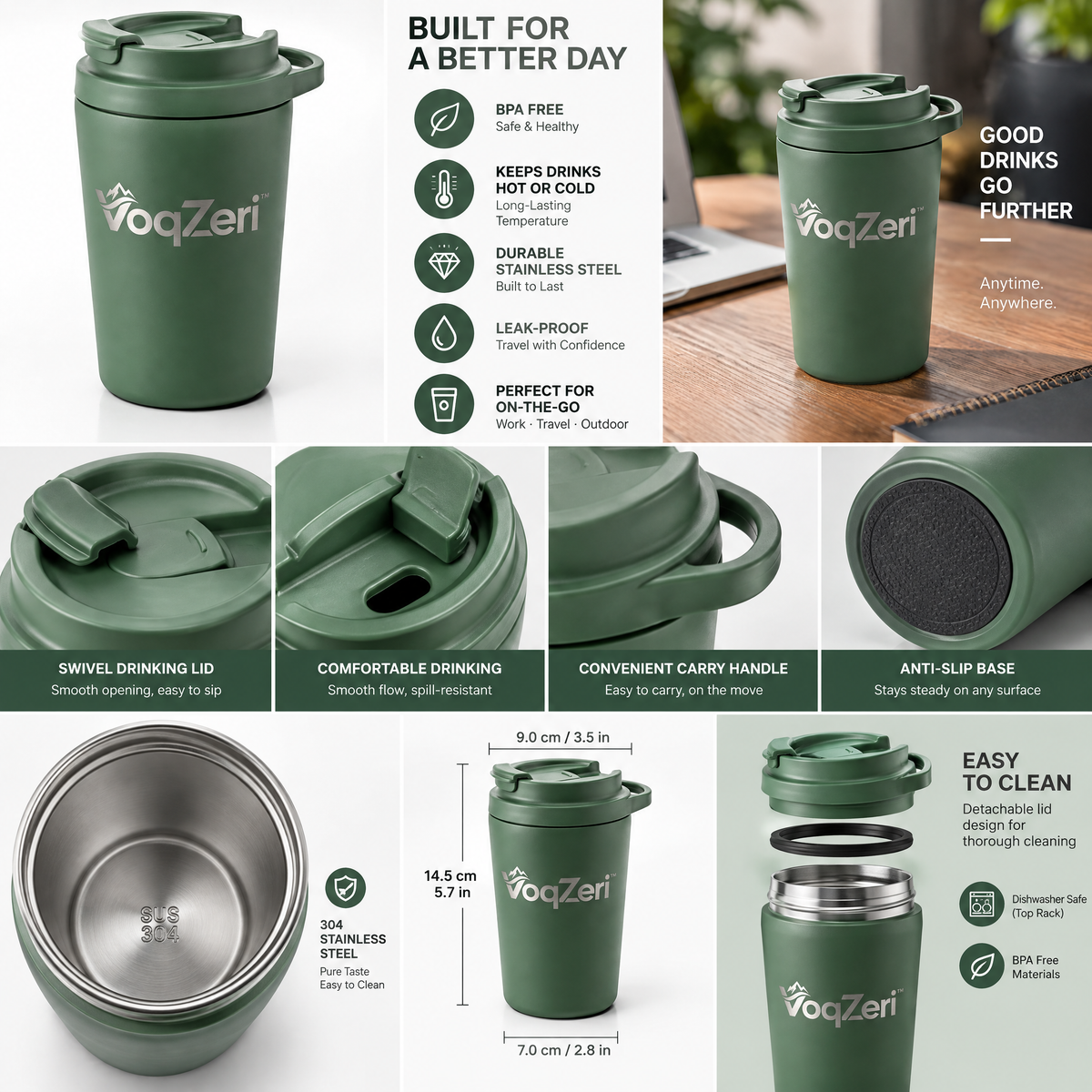 VoqZeri™ Double-Wall Vacuum Insulated Coffee Tumbler with Integrated Carry Loop Lid – 14oz Matte Forest Green Travel Mug