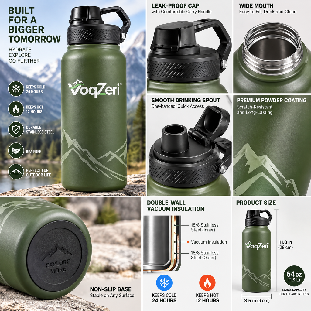 VoqZeri™ Vacuum Insulated Stainless Steel Water Bottle with Spout Lid &amp; Carry Handle – Leakproof Thermal Sports Flask for Hiking, Fitness &amp; Daily Travel (Olive Green)