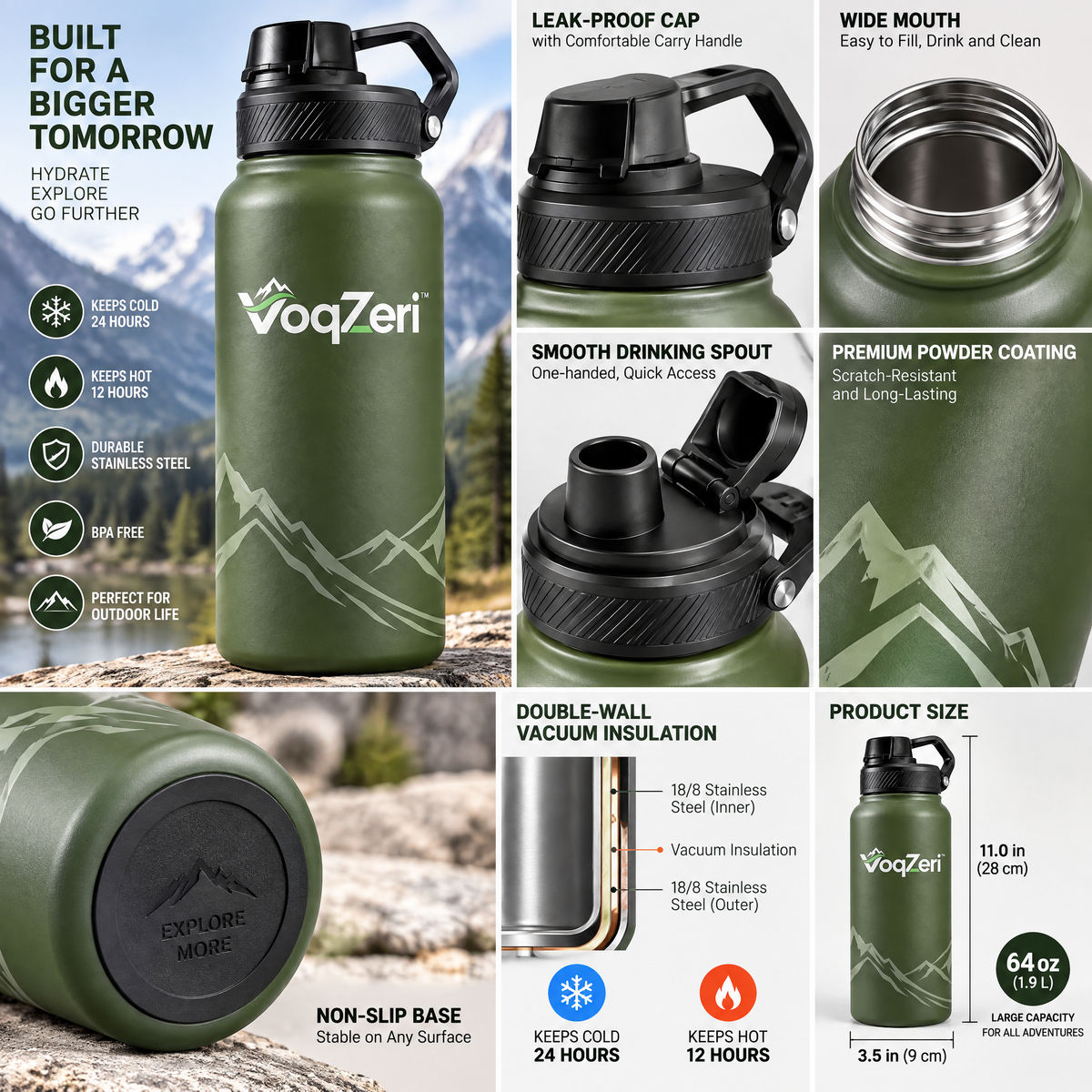 VoqZeri™ Vacuum Insulated Stainless Steel Water Bottle with Spout Lid &amp; Carry Handle – Leakproof Thermal Sports Flask for Hiking, Fitness &amp; Daily Travel (Olive Green)