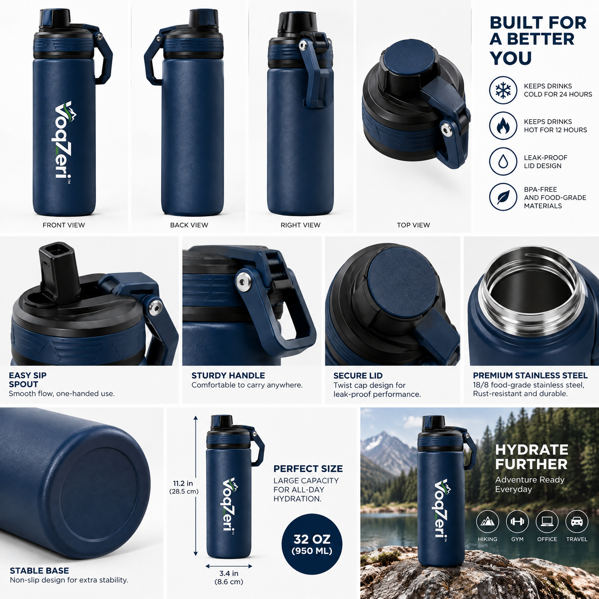 VoqZeri™ Insulated Stainless Steel Water Bottle with Leak-Proof Spout Lid &amp; Heavy-Duty Carry Handle – Double Wall Vacuum Thermal Sport Flask (Navy Blue)