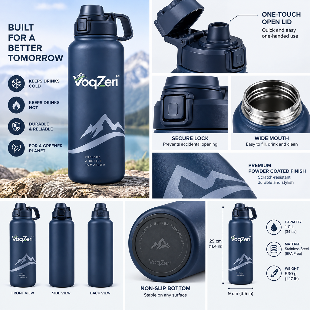 VoqZeri™ Insulated Stainless Steel Water Bottle with Spout Lid &amp; Carry Handle, Leak-Proof Double-Wall Vacuum Sports Flask – Matte Navy Blue