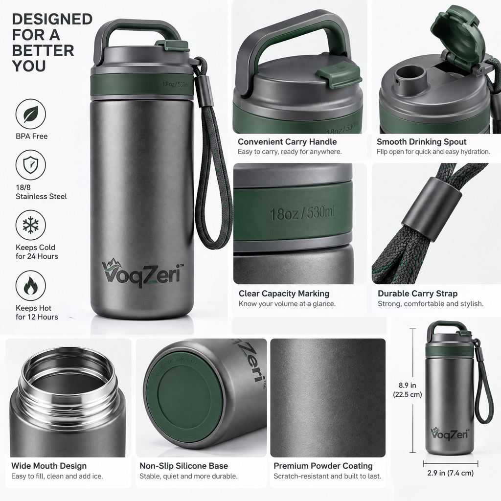 VoqZeri™ 18oz Insulated Stainless Steel Water Bottle with Dual Carry Handle &amp; Paracord Strap, Leak-Proof Sports Travel Mug (Gunmetal / Forest Green)