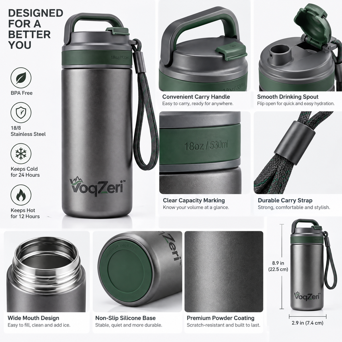 VoqZeri™ 18oz Insulated Stainless Steel Water Bottle with Dual Carry Handle &amp; Paracord Strap, Leak-Proof Sports Travel Mug (Gunmetal / Forest Green)