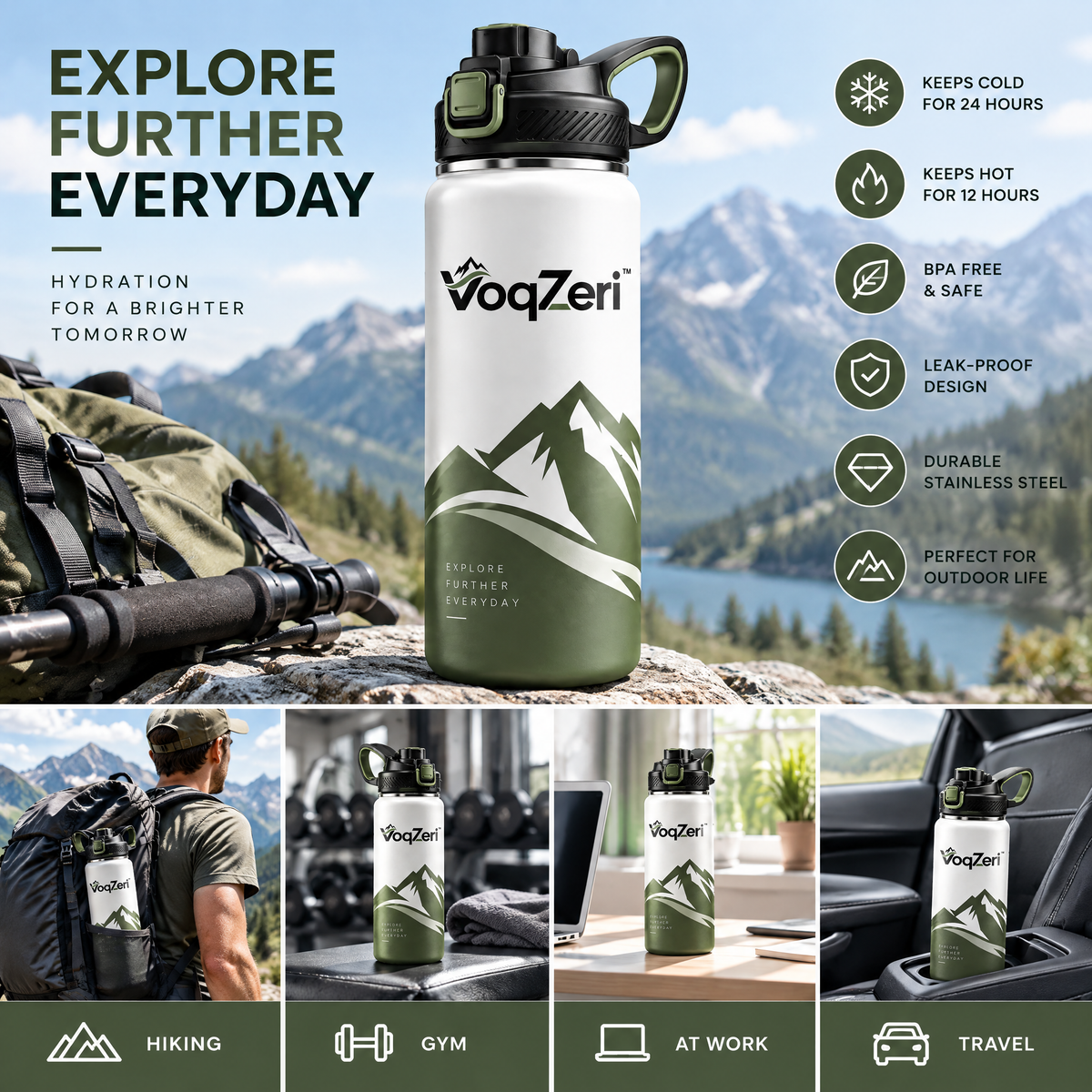 VoqZeri™ 32oz Insulated Stainless Steel Water Bottle with Spout Lid &amp; Carry Handle – Leakproof Mountain Graphic Sports Flask, Double-Wall Vacuum Water Canteen for Hiking, Gym, Travel &amp; Everyday Hydration (Olive Green/White)
