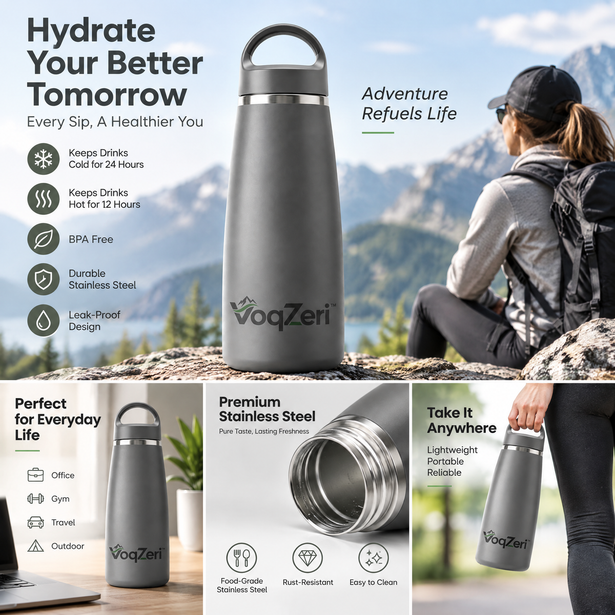 VoqZeri™ Double-Wall Vacuum Insulated Stainless Steel Water Bottle with Integrated Loop Cap – Matte Charcoal