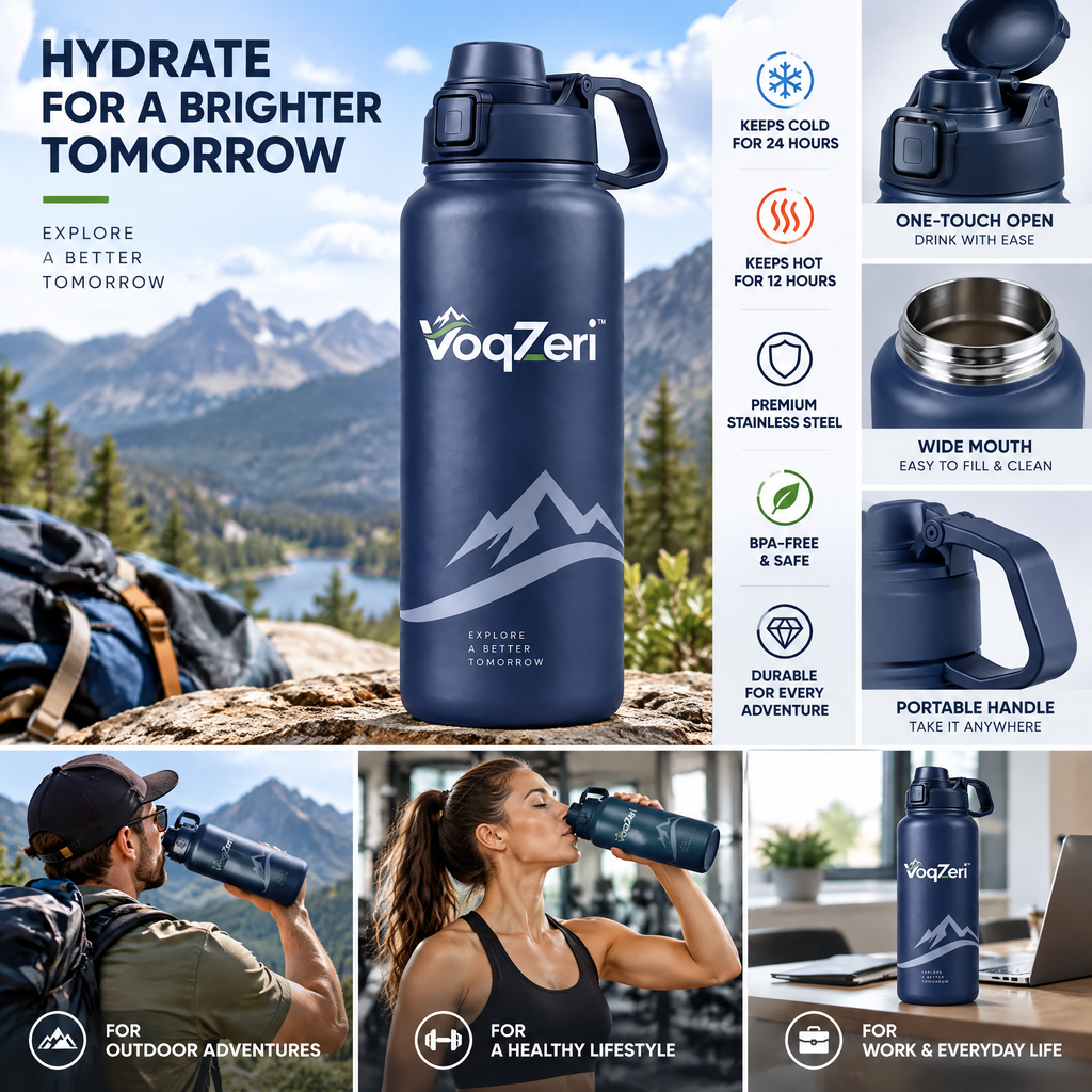 VoqZeri™ Insulated Stainless Steel Water Bottle with Spout Lid &amp; Carry Handle, Leak-Proof Double-Wall Vacuum Sports Flask – Matte Navy Blue
