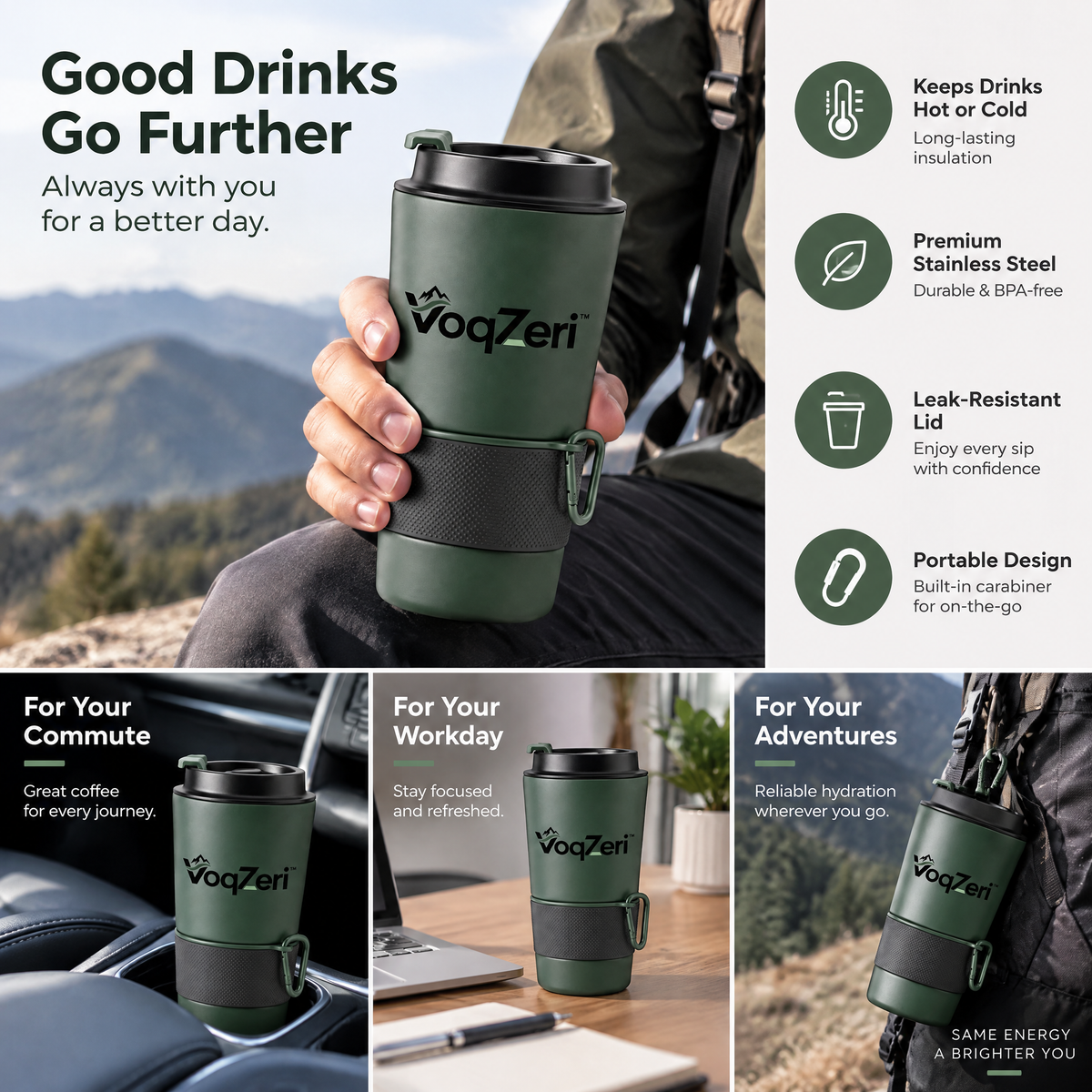 VoqZeri™ Insulated Travel Coffee Mug with Carabiner Clip, Non-Slip Silicone Grip &amp; Leak-Proof Flip Lid – Matte Forest Green