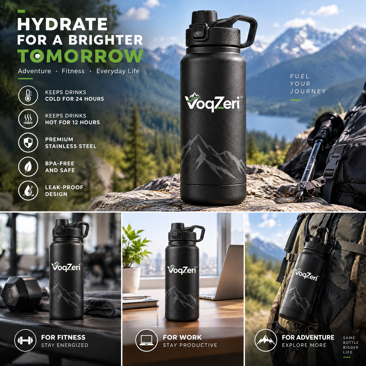 VoqZeri™ Insulated Stainless Steel Water Bottle with Push-Button Spout Lid &amp; Carry Handle – Matte Black Mountain Series