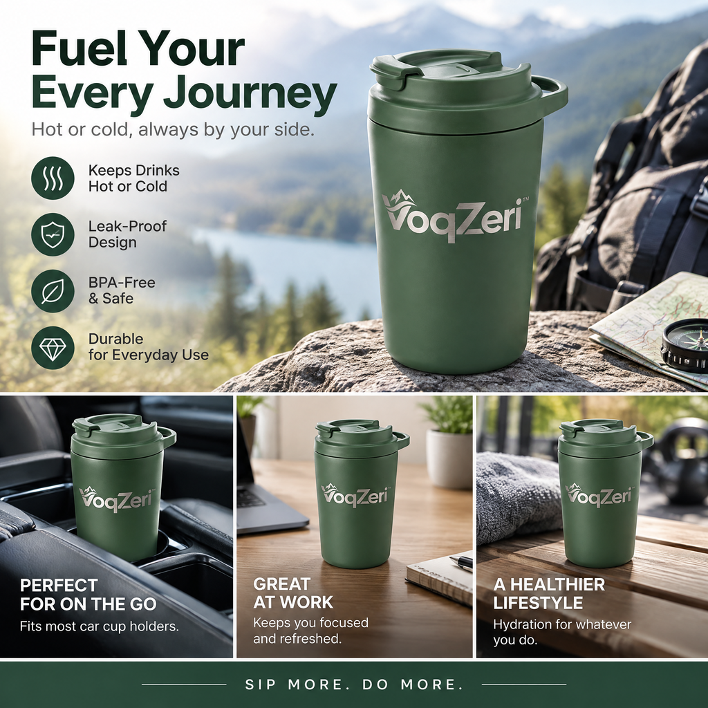 VoqZeri™ Double-Wall Vacuum Insulated Coffee Tumbler with Integrated Carry Loop Lid – 14oz Matte Forest Green Travel Mug