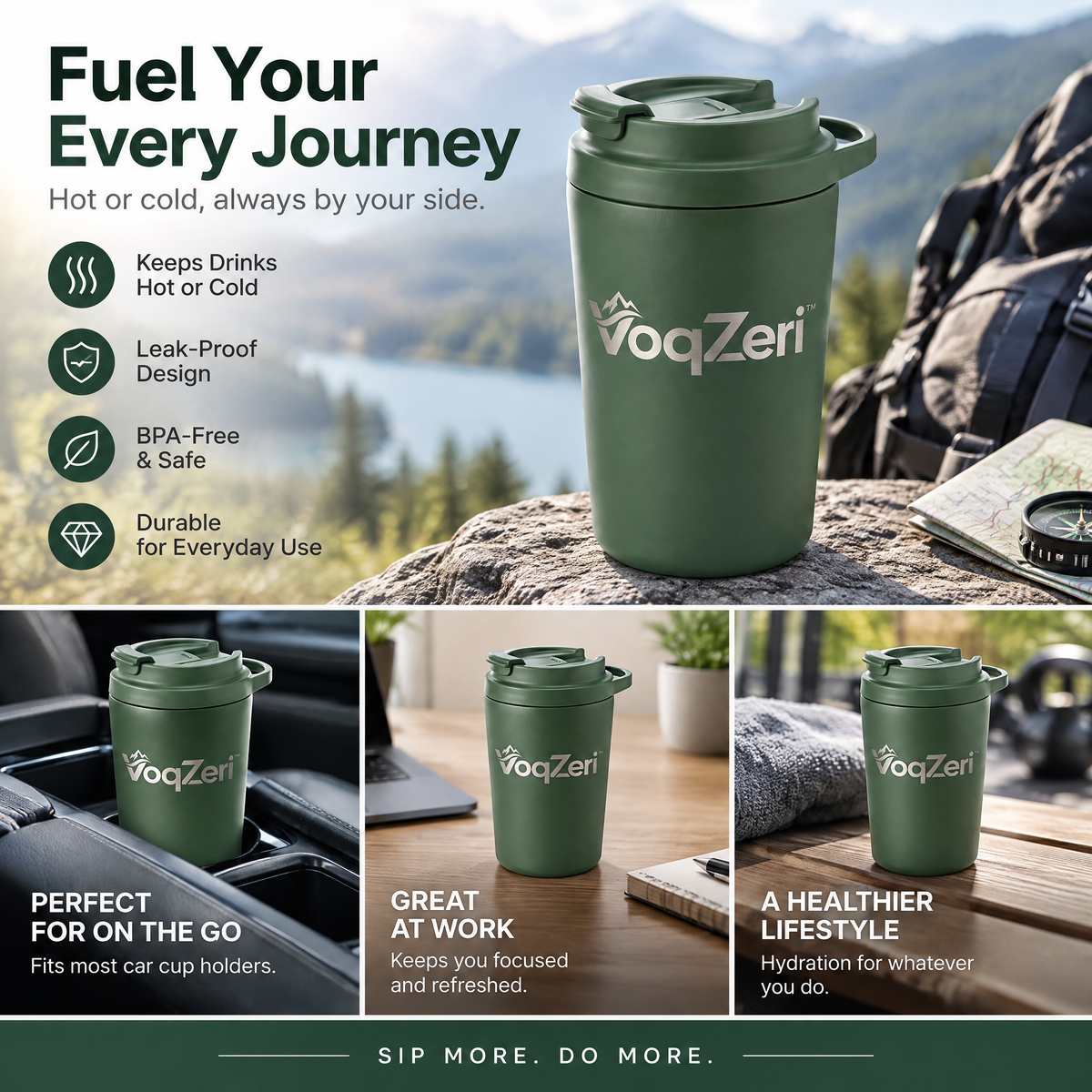 VoqZeri™ Double-Wall Vacuum Insulated Coffee Tumbler with Integrated Carry Loop Lid – 14oz Matte Forest Green Travel Mug