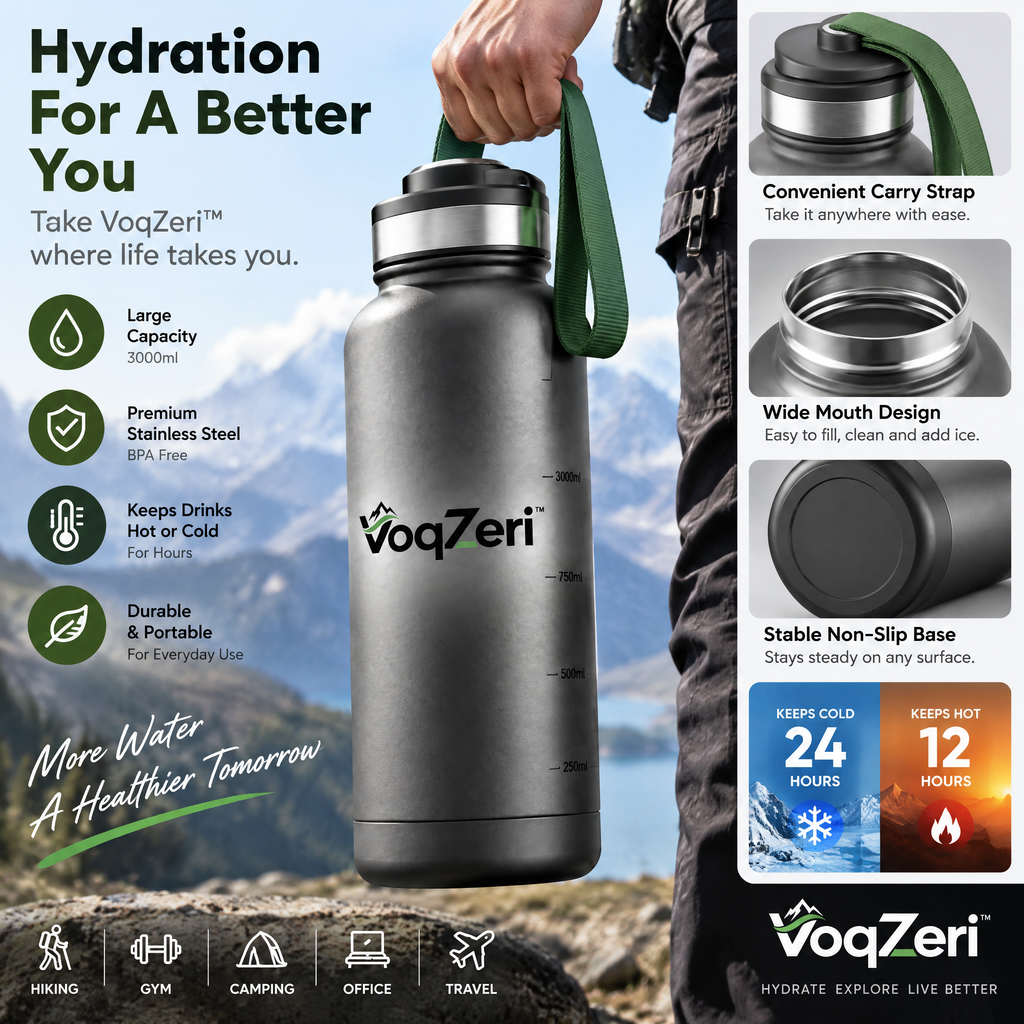 VoqZeri™ Vacuum Insulated Stainless Steel Water Bottle with Volume Markings &amp; Durable Carry Strap – Leak-Proof Sweat-Free Hydration Flask for Sports, Gym, Hiking &amp; Travel (Matte Black)