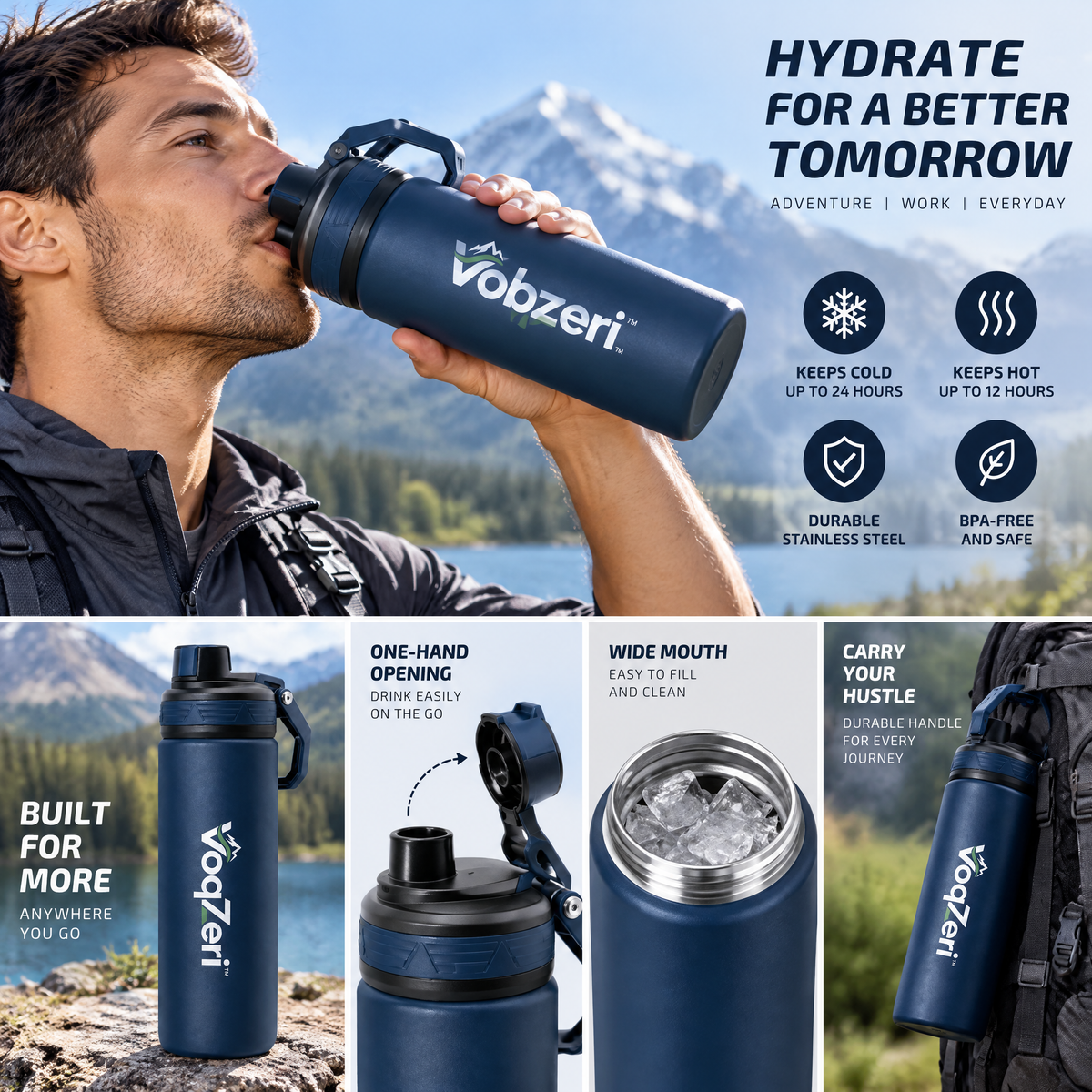 VoqZeri™ Insulated Stainless Steel Water Bottle with Leak-Proof Spout Lid &amp; Heavy-Duty Carry Handle – Double Wall Vacuum Thermal Sport Flask (Navy Blue)