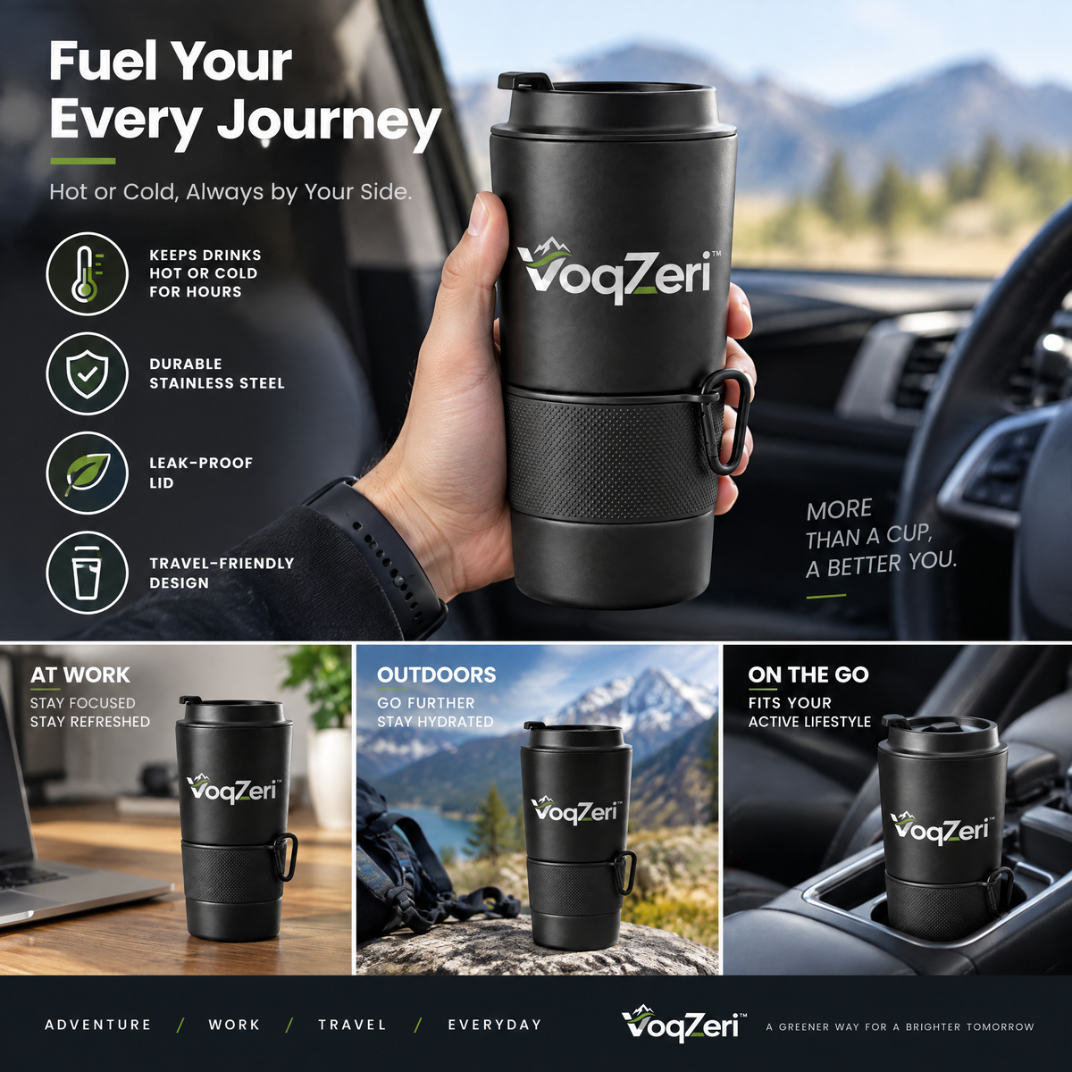 VoqZeri™ Insulated Travel Coffee Mug with Carabiner Clip, Non-Slip Silicone Grip &amp; Leak-Proof Flip Lid, Matte Black