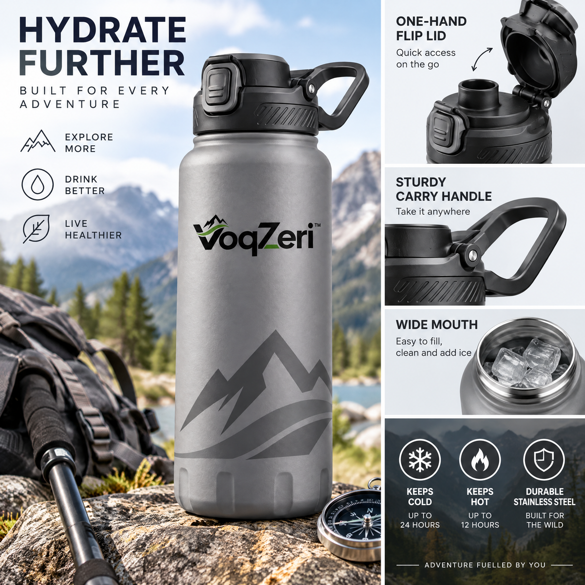 VoqZeri™ Insulated Stainless Steel Water Bottle with Push-Button Spout Lid &amp; Rugged Base, Leakproof Mountain Graphic Thermal Flask for Hiking, Gym, and Travel
