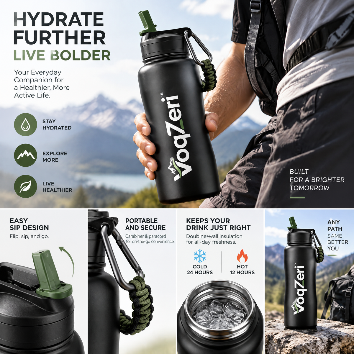 VoqZeri™ Insulated Stainless Steel Water Bottle with Straw Lid &amp; Paracord Carabiner Handle – Ergonomic Grip Sports Travel Flask for Hiking, Fitness &amp; Outdoor Adventure