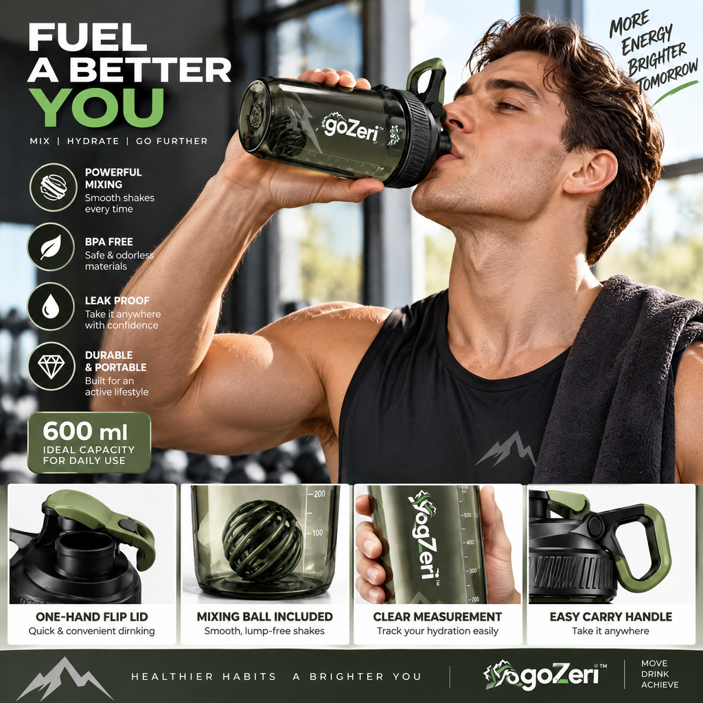VoqZeri™ 24 oz Protein Shaker Bottle with Whisk Ball – Leakproof Gym Water Bottle with Measurement Markings &amp; Carry Loop (Smoke Green)