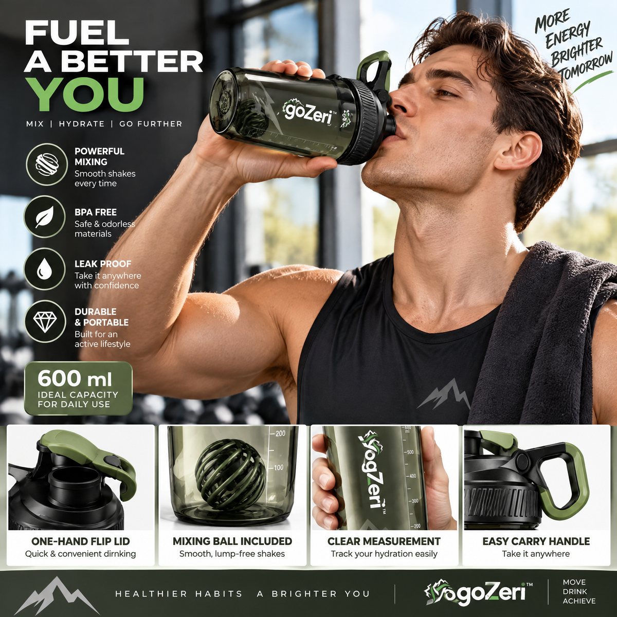 VoqZeri™ 24 oz Protein Shaker Bottle with Whisk Ball – Leakproof Gym Water Bottle with Measurement Markings &amp; Carry Loop (Smoke Green)
