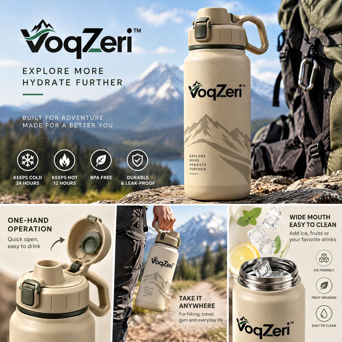 VoqZeri™ Insulated Stainless Steel Water Bottle with One-Touch Locking Spout Lid &amp; Carry Handle – Leakproof Vacuum Flask, Desert Tan