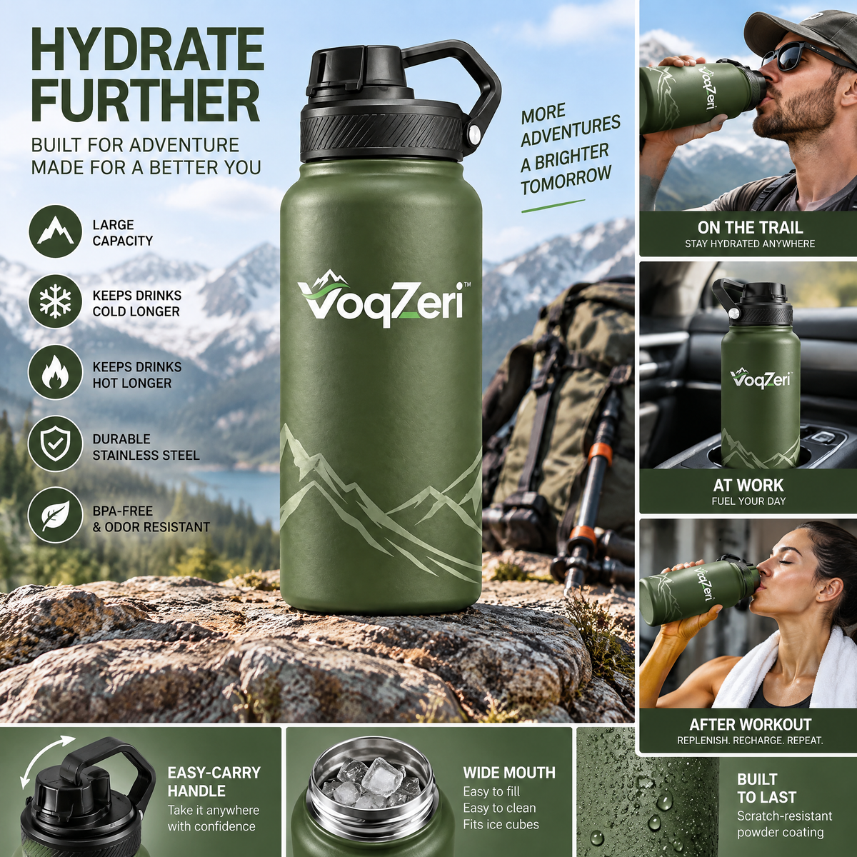 VoqZeri™ Vacuum Insulated Stainless Steel Water Bottle with Spout Lid &amp; Carry Handle – Leakproof Thermal Sports Flask for Hiking, Fitness &amp; Daily Travel (Olive Green)