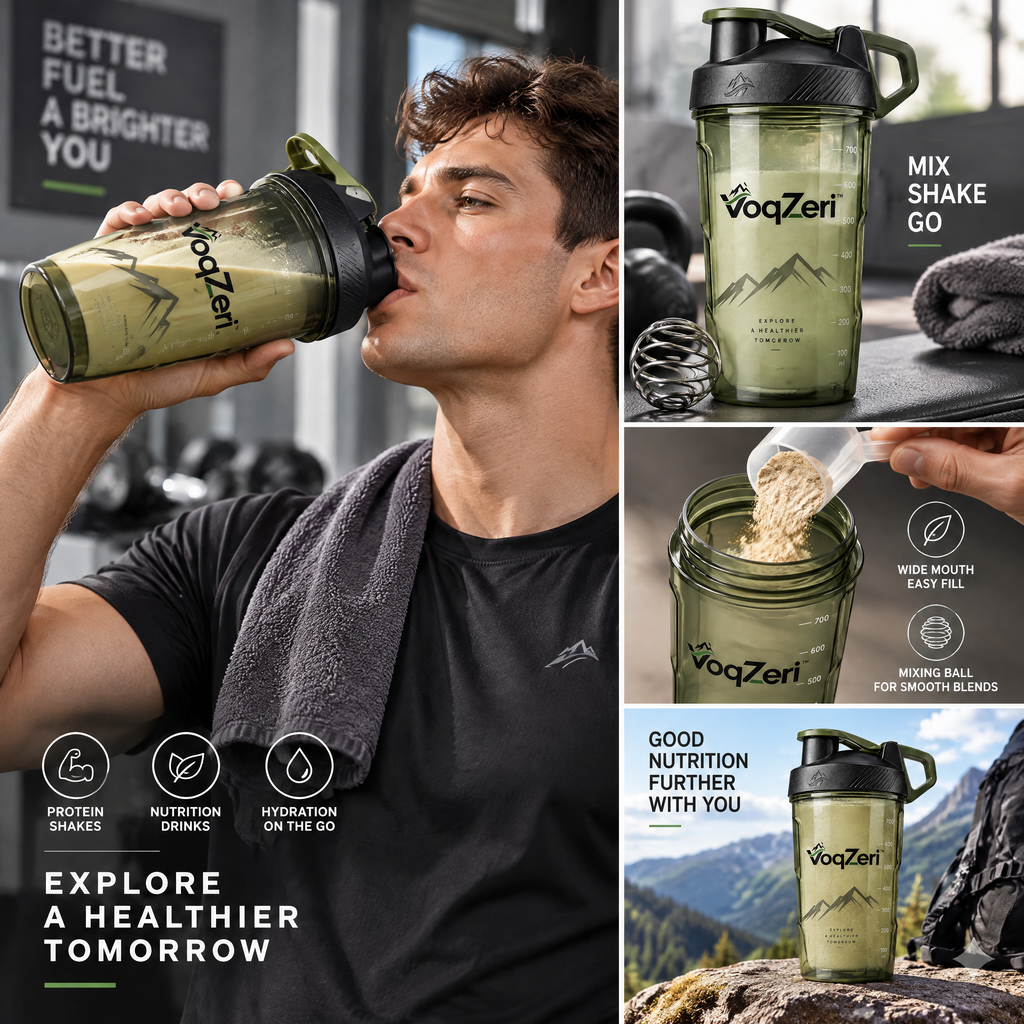VoqZeri™ 24 oz / 700 ml Protein Shaker Bottle with Wire Mixing Ball – Leak-Proof Gym Fitness &amp; Nutrition Mixer Cup with Carry Loop, Olive Green