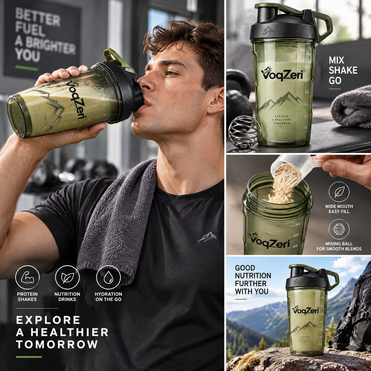 VoqZeri™ 24 oz / 700 ml Protein Shaker Bottle with Wire Mixing Ball – Leak-Proof Gym Fitness &amp; Nutrition Mixer Cup with Carry Loop, Olive Green