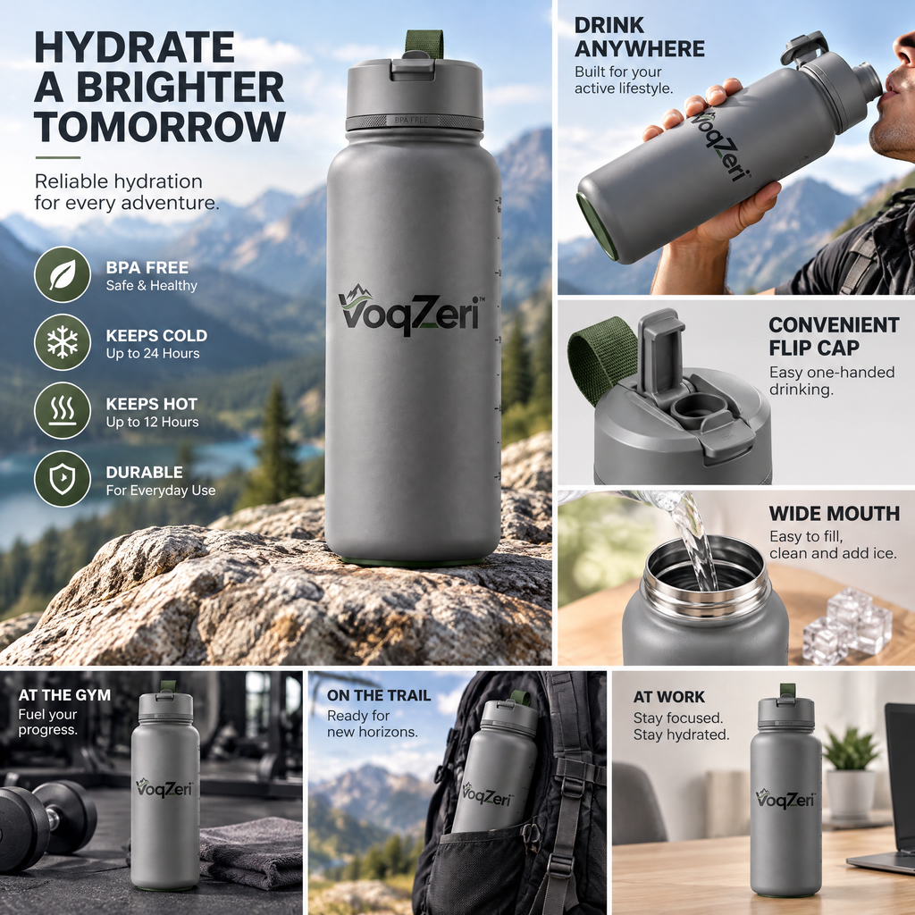 VoqZeri™ 32oz Sports Water Bottle with Carry Strap &amp; Measurement Markings, BPA-Free Matte Finish Leakproof Drink Bottle for Gym, Hiking, and Outdoor Fitness