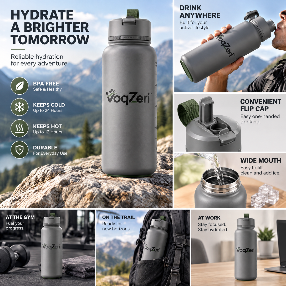VoqZeri™ 32oz Sports Water Bottle with Carry Strap &amp; Measurement Markings, BPA-Free Matte Finish Leakproof Drink Bottle for Gym, Hiking, and Outdoor Fitness