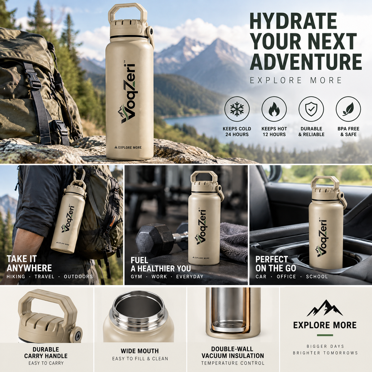 VoqZeri™ Insulated Stainless Steel Water Bottle with Heavy-Duty Carry Handle Lid – Double-Wall Vacuum Thermal Sports Flask for Hiking, Gym &amp; Travel (Desert Sand)