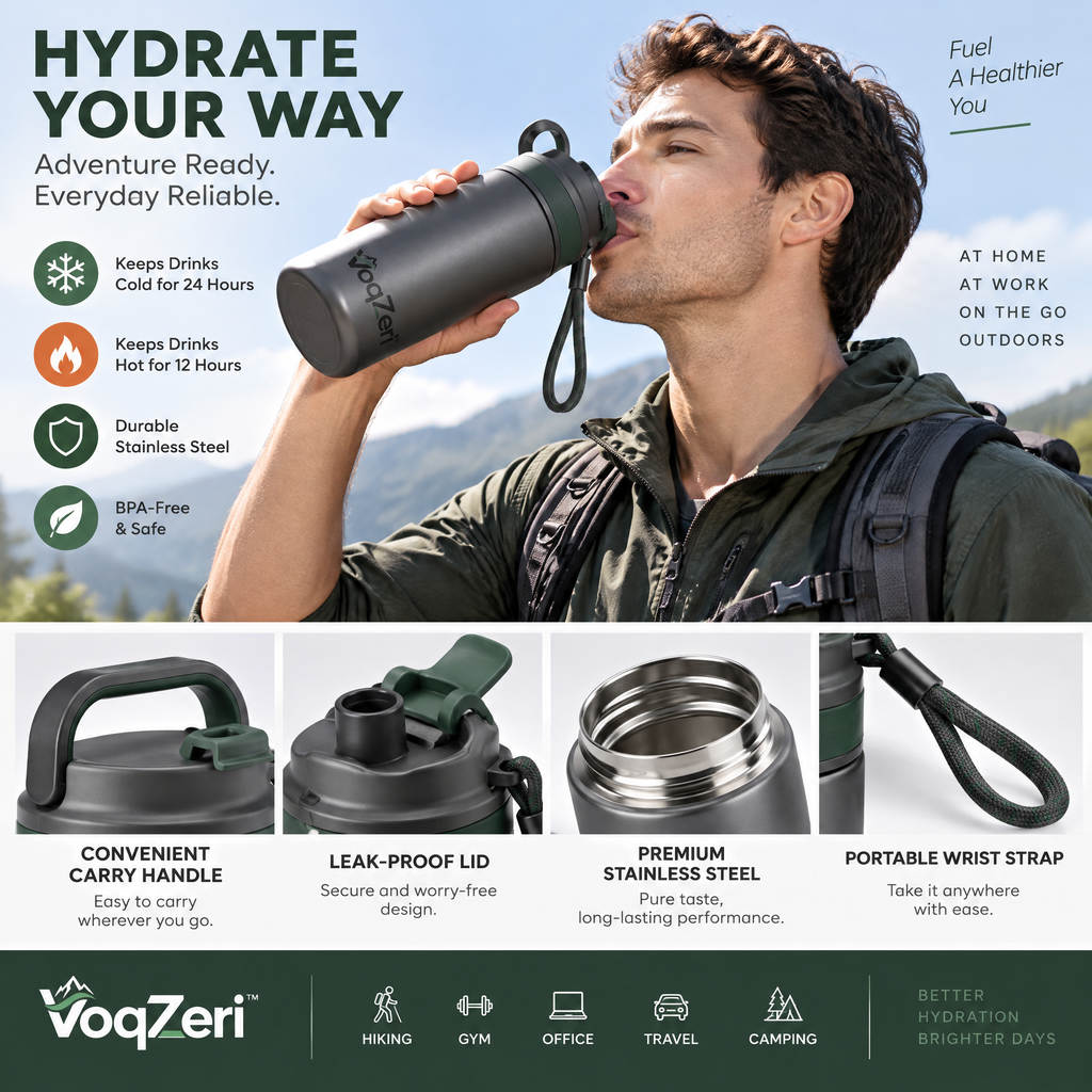 VoqZeri™ 18oz Insulated Stainless Steel Water Bottle with Dual Carry Handle &amp; Paracord Strap, Leak-Proof Sports Travel Mug (Gunmetal / Forest Green)