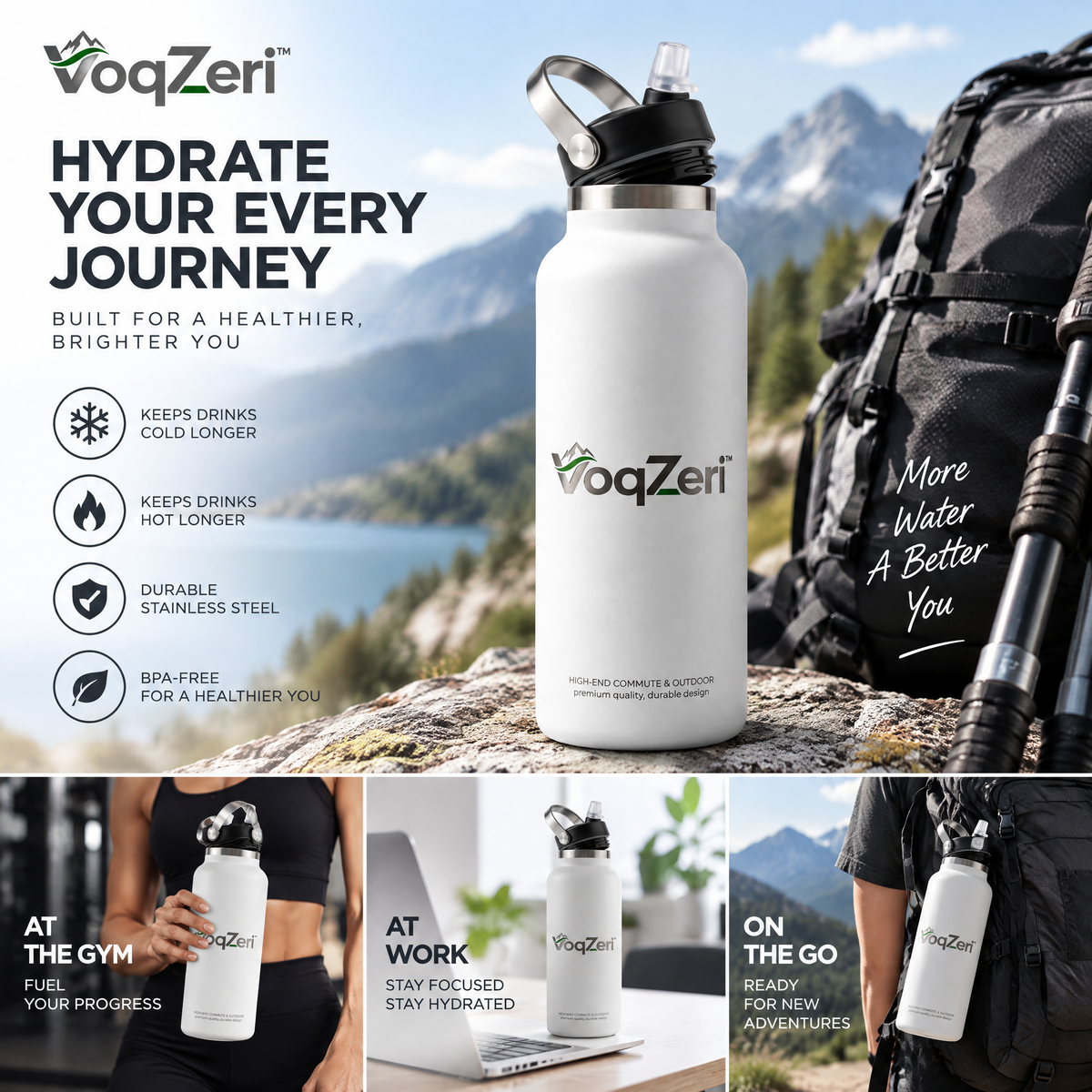 VoqZeri™ Insulated Stainless Steel Water Bottle with Straw Lid &amp; Carry Handle – Matte White Vacuum Flask for Daily Commute, Gym, Travel &amp; Outdoor Adventures