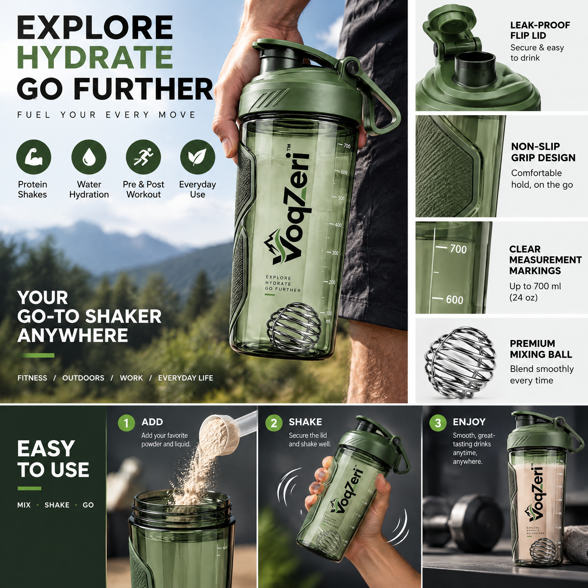VoqZeri™ 700ml Protein Shaker Bottle with Wire Whisk Ball, Ergonomic Non-Slip Grip &amp; Integrated Carry Loop – Leak-Proof Gym &amp; Outdoor Water Bottle (Forest Green)
